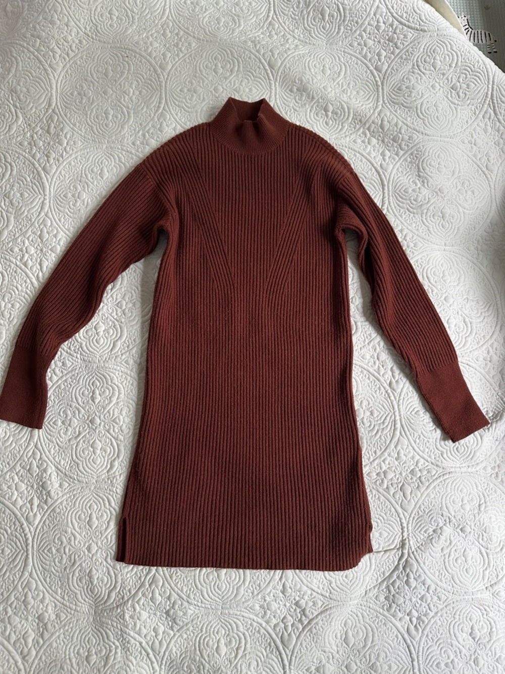 Abercrombie & Fitch Ribbed Long Sleeve Mock Neck Dress in Rust
